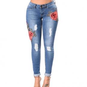 Ladies high waist denim pants midblue skinny jeans embroider rips hip lifting OEM-factory LILJ003