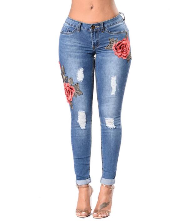 Ladies high waist denim pants midblue skinny jeans embroider rips hip lifting OEM-factory LILJ003