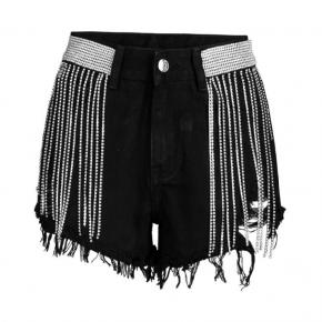 ladies black denim jeans shorts rhinestone fringed chain shorts sexy ladies shorts OEM factory LILJ051