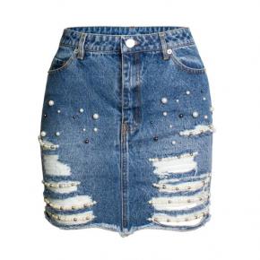 ladies hight waist skirt pearls denim skirt ripped jeans skirt OEM factory LILJ044