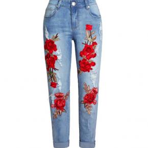 women denim 3D EMB Straight fit denim pants ripped jeans OEM factory LILJ034