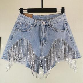 ladies denim shorts sexy rhinestone fringed chain denim shorts casual Short Jeans For Woman OEM factory LILJ029